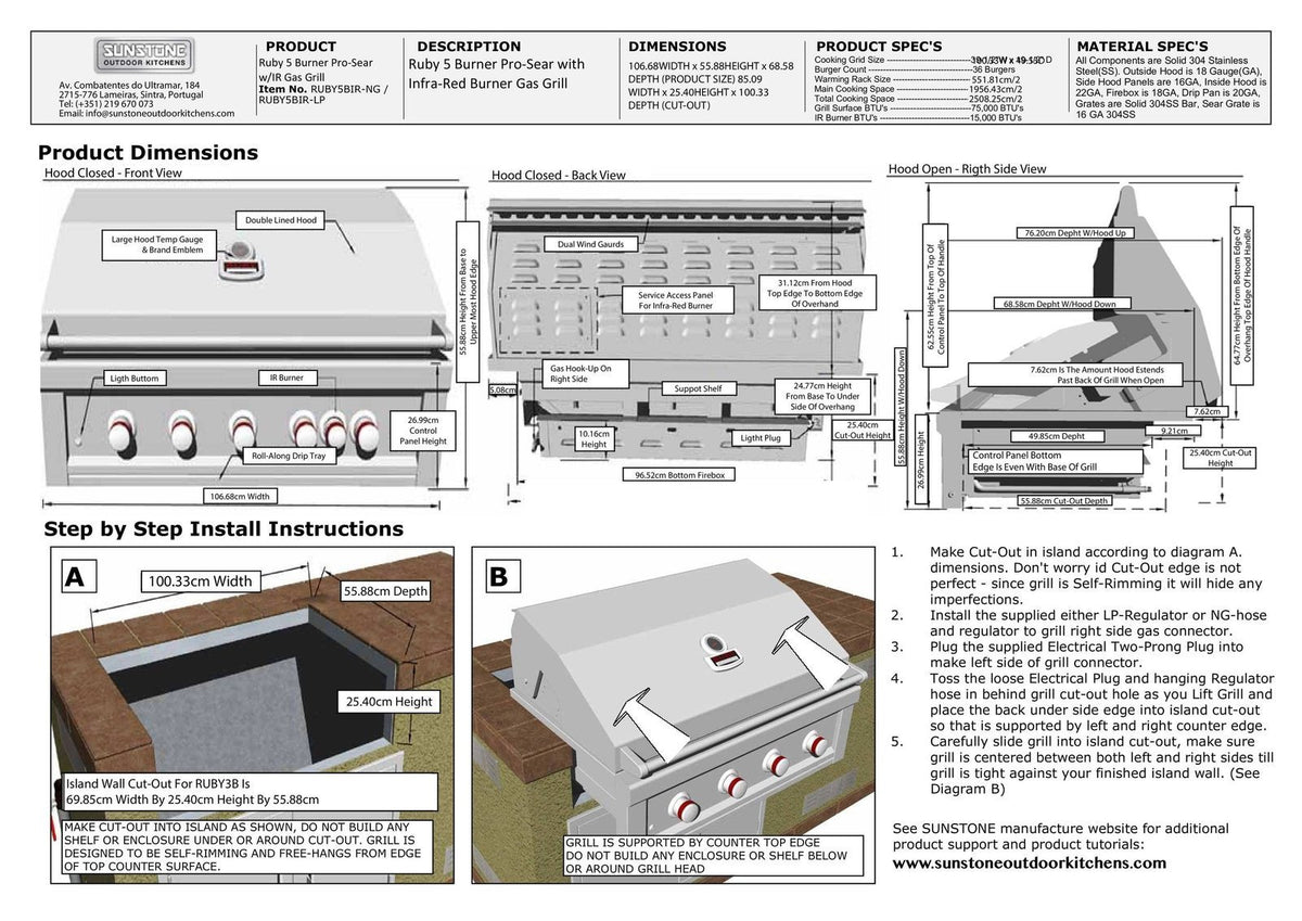 Sunstone Ruby 5 Burner Gas Grill With Infrared