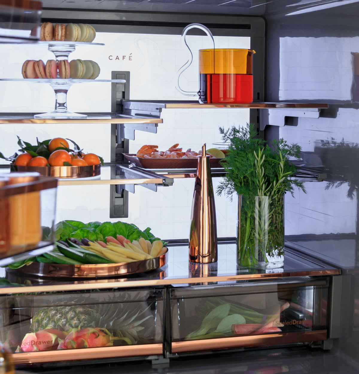 Café™ ENERGY STAR® 28.3 Cu. Ft. Smart Quad-Door Refrigerator in Platinum Glass with Dual-Dispense AutoFill Pitcher