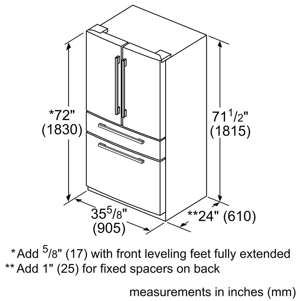 800 Series French Door Bottom Mount Refrigerator 36" Stainless steel (with anti-fingerprint)