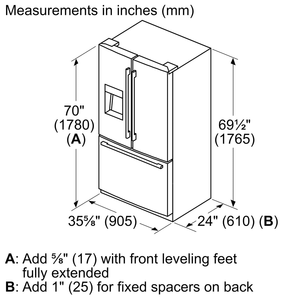 500 Series French Door Bottom Mount Refrigerator 36" Stainless steel (with anti-fingerprint), Total No Frost