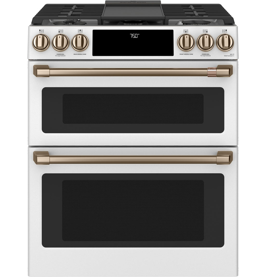 Café™ 30" Smart Slide-In, Front-Control, Gas Double-Oven Range with Convection