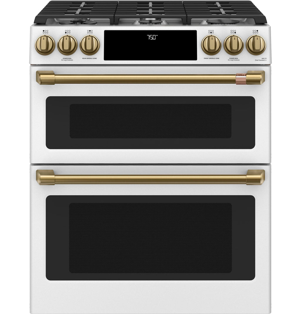 Café™ 30" Smart Slide-In, Front-Control, Gas Double-Oven Range with Convection